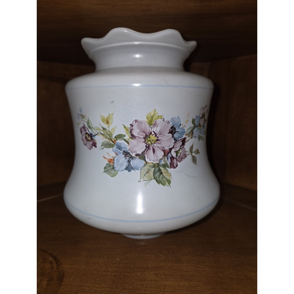 VTG white milk glass hurricane lamp shade featuring blue stripes W/ Ruffled Rim